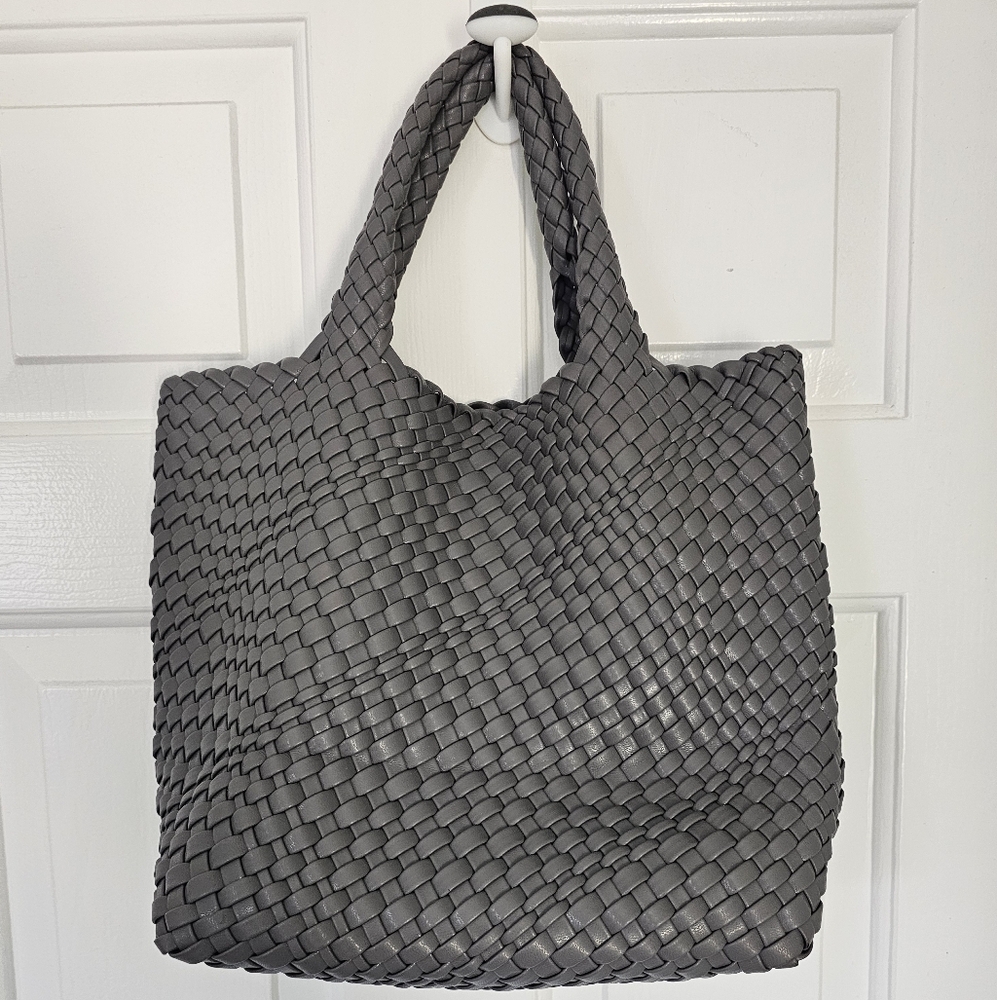 Woven Faux Leather Tote Bag in Charcoal Gray